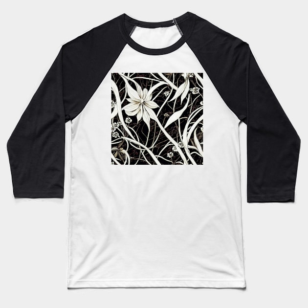 Black and White Vintage Floral Cottagecore Romantic Flower Peony Rose Leaf Design Baseball T-Shirt by VintageFlorals